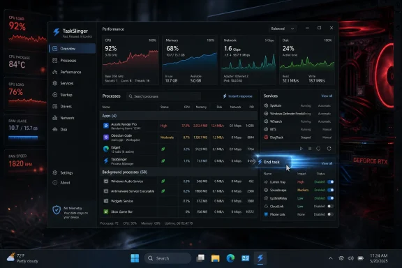 PC task manager dashboard showing CPU 92% load, memory 68%, and active processes in a gaming rig.