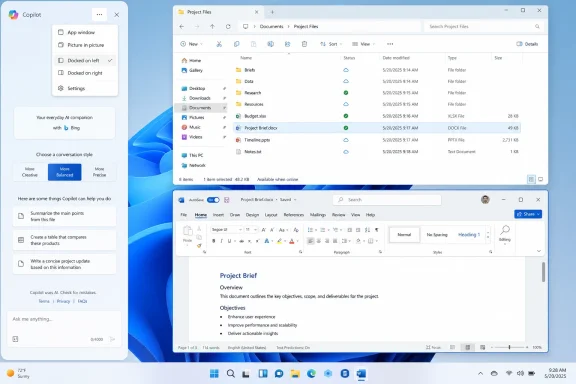 Windows desktop showing Copilot sidebar, a File Explorer project list, and a Word “Project Brief” document.