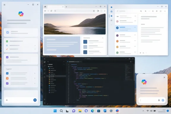 Collage of multiple desktop windows showing web, email, and code editor interfaces over a scenic background.