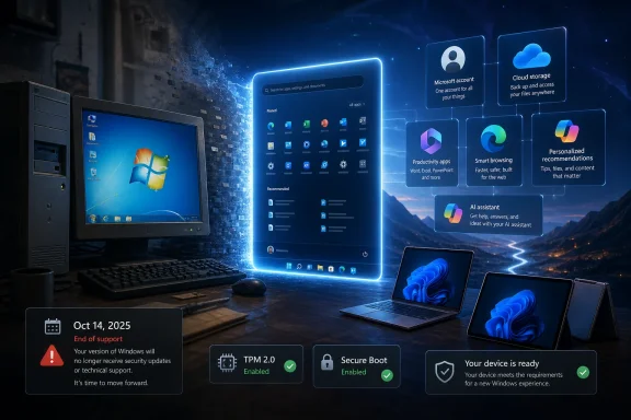 Futuristic office scene showing a Windows upgrade prompt with security status and app/cloud features.