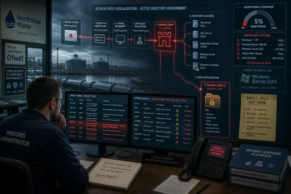 Cybersecurity analyst reviews an attack path visualization on screens, with server patching and breach risk alerts.