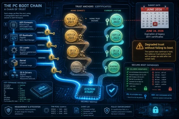 Infographic shows the PC secure boot trust chain with certificate lifetimes expiring June 2026.
