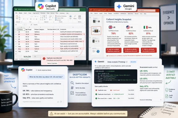 Side-by-side Copilot and Gemini dashboards show AI-generated cultural insights with confidence scores and data verification.