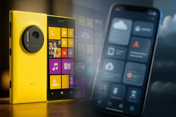 Yellow Nokia smartphone back beside a translucent Windows-style app tile screen with a blurred mobile in front.