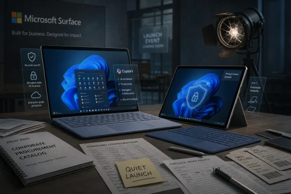 Two Microsoft Surface laptops on a desk display security and Copilot+ features in a business launch scene.