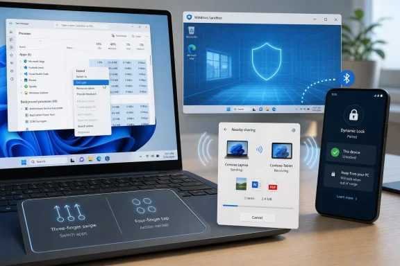 Windows 11 laptop shows Task Manager while Windows Sandbox and Nearby sharing are active beside a locked phone.