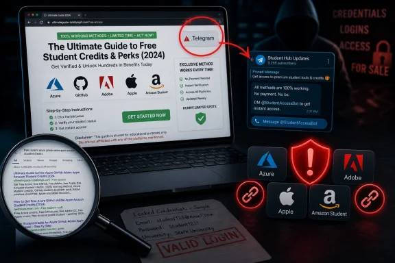 Laptop screen shows a “free student credits” guide with a Telegram prompt and leaked login credential visuals.