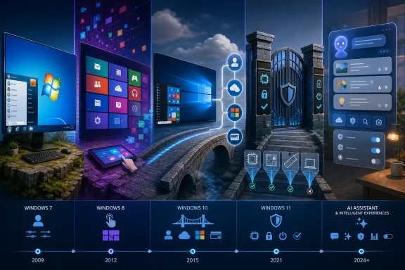 Futuristic UI montage showing Windows versions from 2009 to 2024+ with cloud security and AI icons.