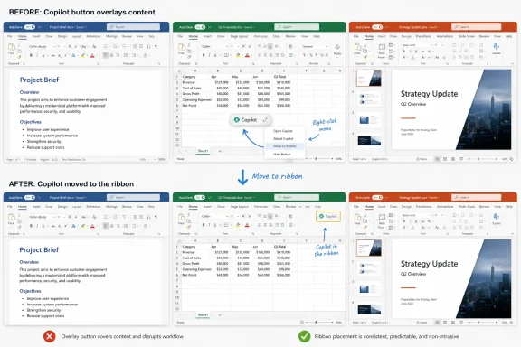 Comparison of Microsoft Word “Copilot” button placement before and after moving it to the ribbon.