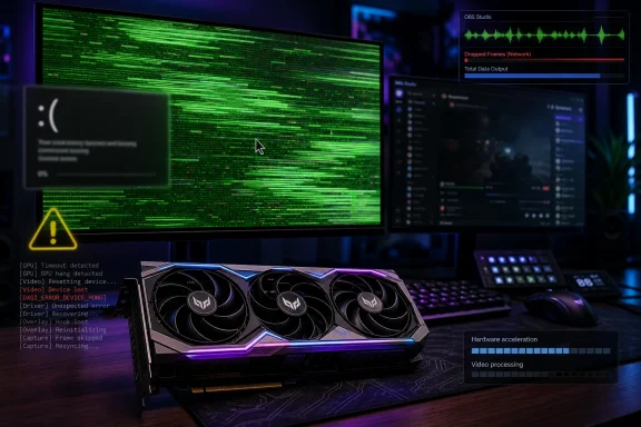 Gaming PC setup with a graphics card showing OBS/audio monitoring amid GPU error messages and logs.