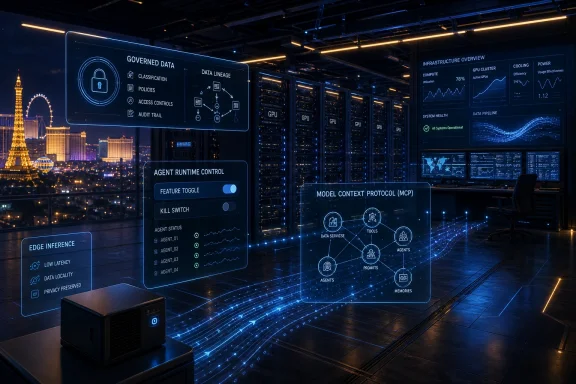 Futuristic server room with glowing data dashboards, GPU racks, and neural network control interfaces at night.