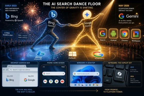 Futuristic “AI search dance floor” shows Bing and Gemini linked by glowing humanoid forms amid confetti.