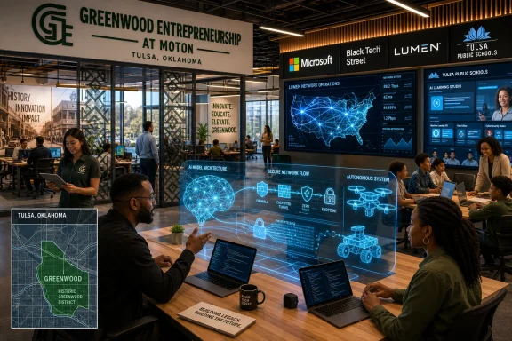 Tech students collaborate in a modern lab, viewing a digital network security dashboard for the LUMEN/Black Tech Street program.