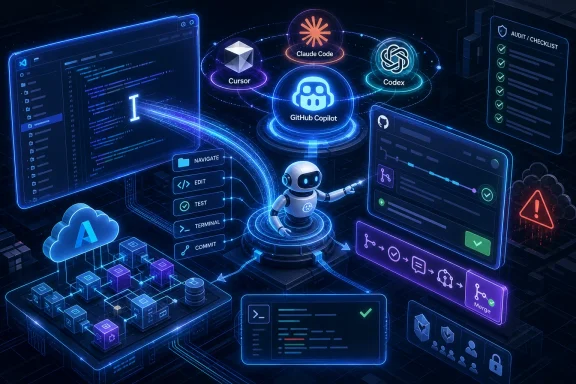 Futuristic AI coding interface with assistant bot and icons for GitHub Copilot, Cursor, and Claude Code.