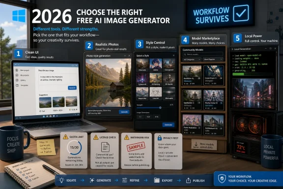 A computer setup displays an AI image generator dashboard with a 2026 “choose the right” workflow UI.