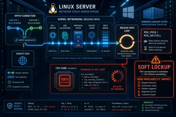 Infographic shows Linux server network receive path with soft lockup CPU hot loop risk warnings.