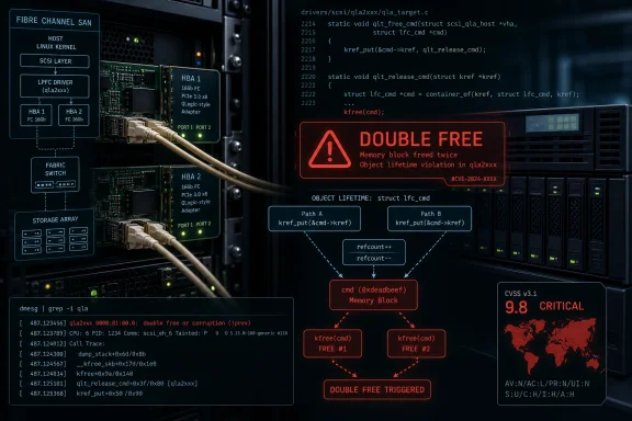 Diagram shows a server hardware setup with code, logs, and a highlighted “double free” security warning.