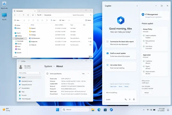 Windows 11 desktop showing File Explorer, Settings “System > About,” and Copilot IT Management panels.