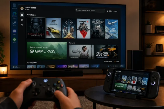Person playing Xbox games on a TV while a handheld shows the Game Pass library.