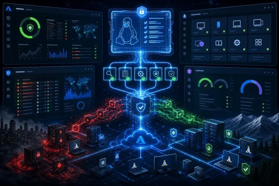 Futuristic cybersecurity dashboard with cloud, shields, and glowing networks protecting servers and devices.