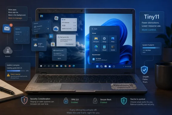 Windows 11 laptop screen shown with upgrade/security UI overlays and system performance notes.