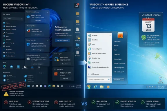 Windows 10/11 vs Windows 7-inspired UI comparison screen with app tiles, notifications, and update timeline.