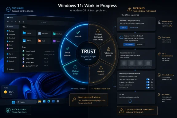 Windows 11 setup screen labeled “Work in Progress,” highlighting trust, telemetry, and unfinished settings.