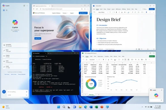 Screenshot collage showing Microsoft Copilot with Windows, Word doc, Excel charts, and PowerShell terminal.