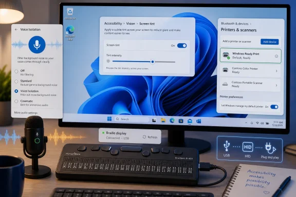 Windows accessibility settings shown on a monitor with voice isolation, printer options, and connected braille display.