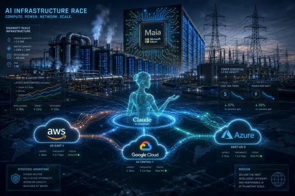 Futuristic data center control graphic with AI assistants “Maia” and “Claude” amid power grids and cloud providers.
