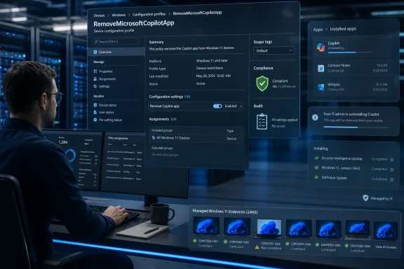 IT admin monitors Microsoft Copilot app removal via Windows configuration profile dashboard on a server console.