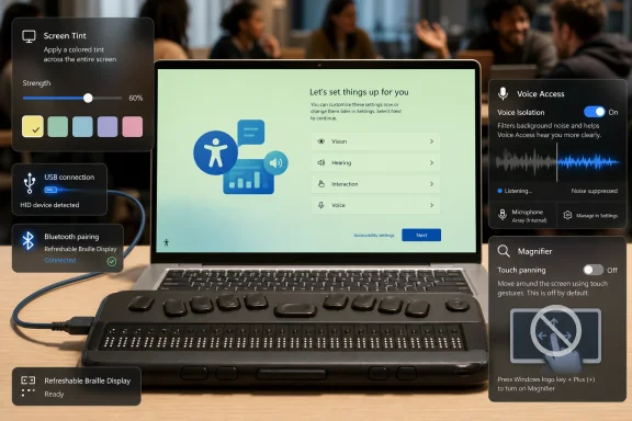 Laptop showing accessibility settings alongside a connected refreshable Braille display on a desk.