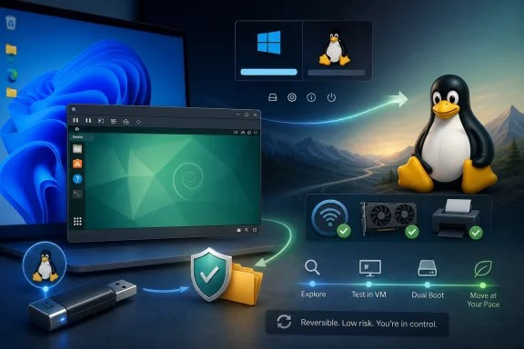 Windows PC setup with a Tux penguin, boot options, and security check icons on a scenic desktop background.