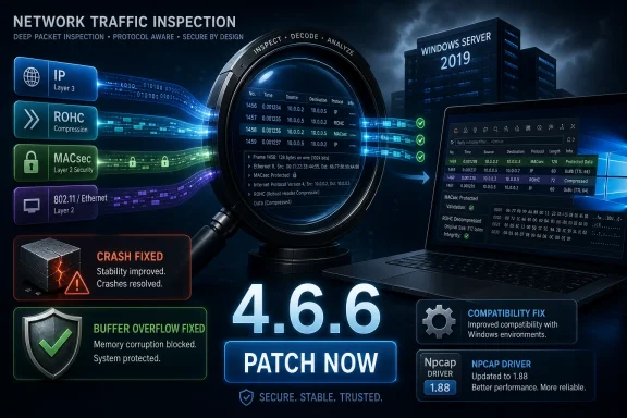 Cybersecurity network traffic inspection graphic with lens, firewall alerts, and “PATCH NOW” 4.6.6 update.