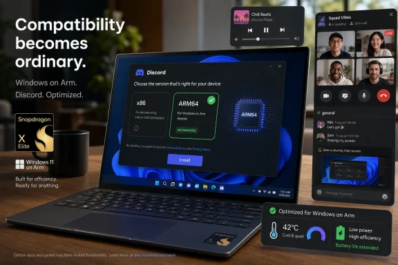 A laptop shows an ARM64-optimized Discord install screen beside a Discord voice/chat interface.
