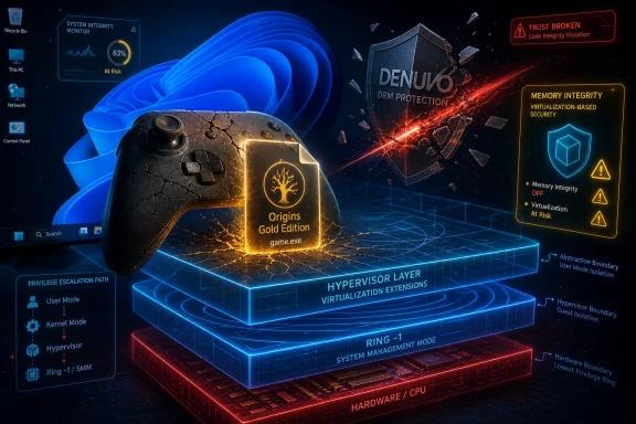 Gaming controller overlays a “Trust Broken” security alert over a blue hypervisor and Denuvo protection scene.