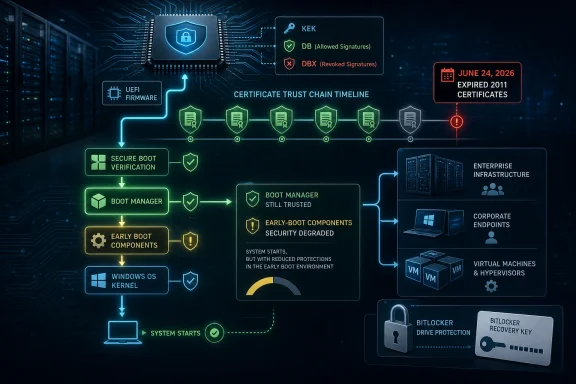 Diagram showing secure boot certificate trust chain timeline with UEFI firmware, trusted KEK/DB, and revoked DBX.
