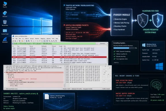 Network security dashboard shows Wireshark captures and a “parser module” blocking malformed ROPC/RoHC packets.