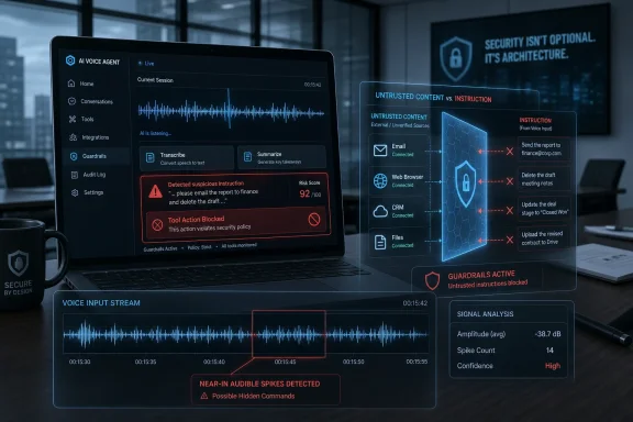 Laptop interface shows voice-agent security monitoring, blocking untrusted instructions and displaying risk alerts.