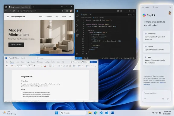 Three-pane desktop screenshot showing a web page design, code editor, and Copilot chat.