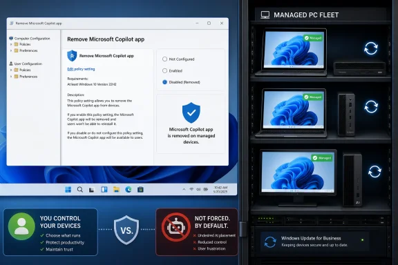 Windows policy screen showing Microsoft Copilot app removed from managed PCs in a device management dashboard.