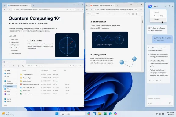Screenshot of a Windows desktop showing a quantum computing PDF with sections on qubits, superposition, and entanglement.