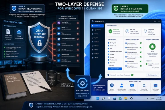 Diagram shows two-layer defense for Windows 11 app cleaning, blocking reappearance and detecting/remediating via WinHance.