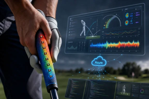 Technician holding a high-tech sensor device with holographic analytics and “Azure” cloud data on screen.