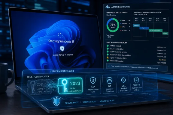A laptop displays an admin dashboard monitoring secure Windows 11 deployment and readiness.