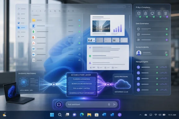 Futuristic enterprise dashboard shows AI execution and cloud policy compliance on a computer screen.