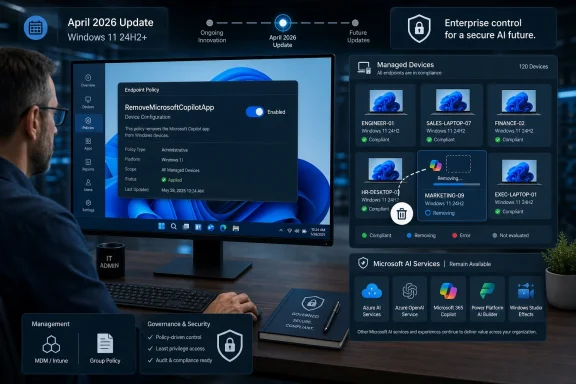 IT admin manages Windows 11 April 2026 update policy, removing Microsoft Copilot across 120 devices securely.