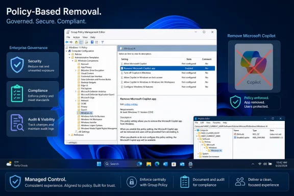 Windows 11 Group Policy editor screens show policy enforcement to remove Microsoft Copilot.