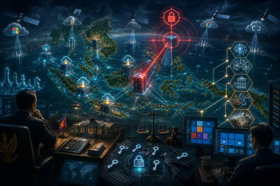 Cybersecurity-themed command center with global network maps, satellites, and a glowing lock icon over Europe.