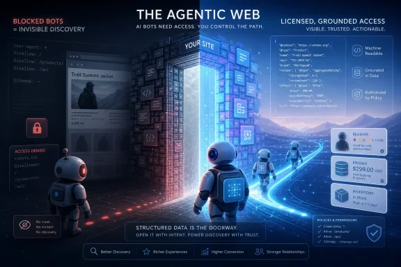Futuristic interface shows agentic web data access with robots, structured schema, and blocked bots.